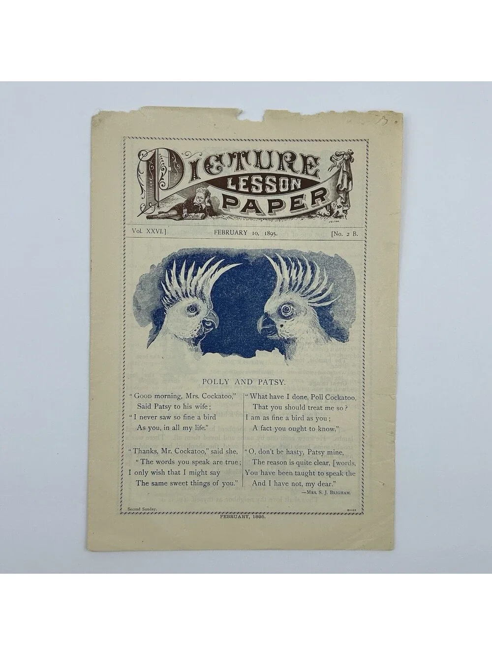 Antique 1895 Picture Lesson Paper Polly & Patsy Cockatoo Parrot Ephemera     C19